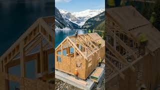 Building a Modern Cabin Beside a Mountain Lake 🏔️🌲 #construction #constructiontimelapse #shorts