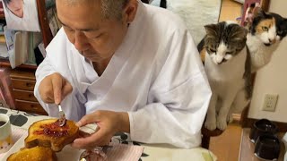 猫のミー子、住職の朝ごはんに出遅れる。