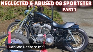 NEGLECTED & ABUSED 08 SPORTSTER RESTORE Part 1.  WILL IT RUN?  2008 Harley-Davidson Sportster.