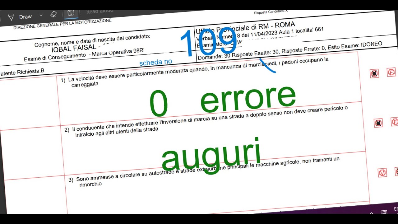 Scheda Esame PATENTE B  SUPERATO  con   0  ERRORE di IQBAL FAISAL del  11/04/2023   👏 👏