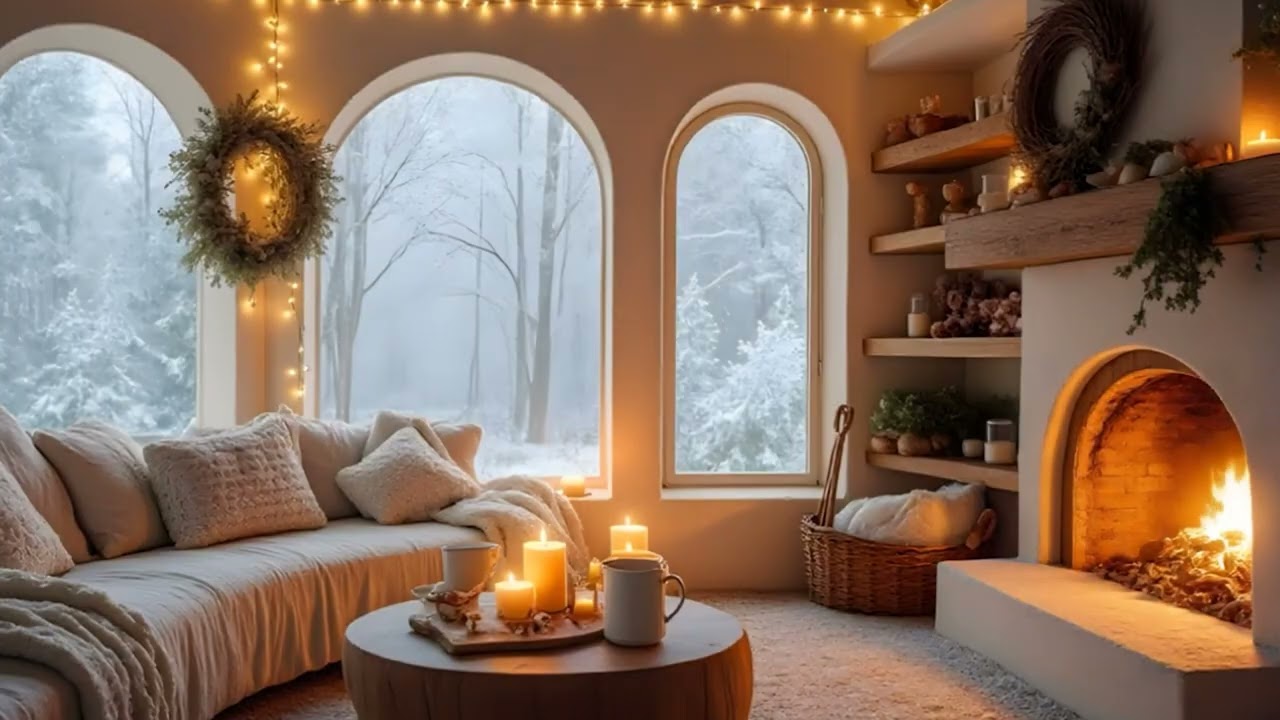 Cozy Winter Cabin Fireplace Ambience with Snowfall View for Sleep, Study & Relaxation (4K)