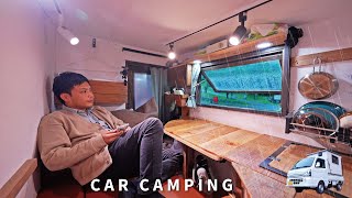 [Heavy Rain Car Camping] Enjoying heavy rain. Solo car camping. DIY light truck camping car