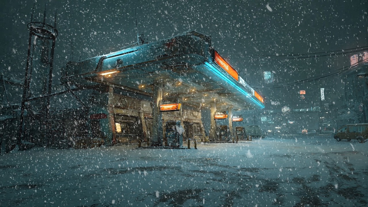 3 Hours of Cyberpunk Gas Station Ambience ❄️ Heavy Blizzard Sounds for Sleep & Study
