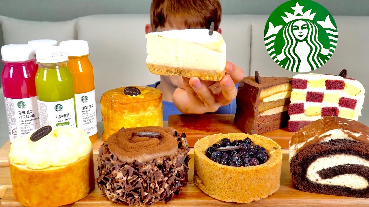 ASMR 스타벅스 달달구리 디저트 치즈케이크 생크림 카스테라 먹방~Starbucks Dessert 🧁 Cheese Cake Choco Cake Fruit juice MuKBang