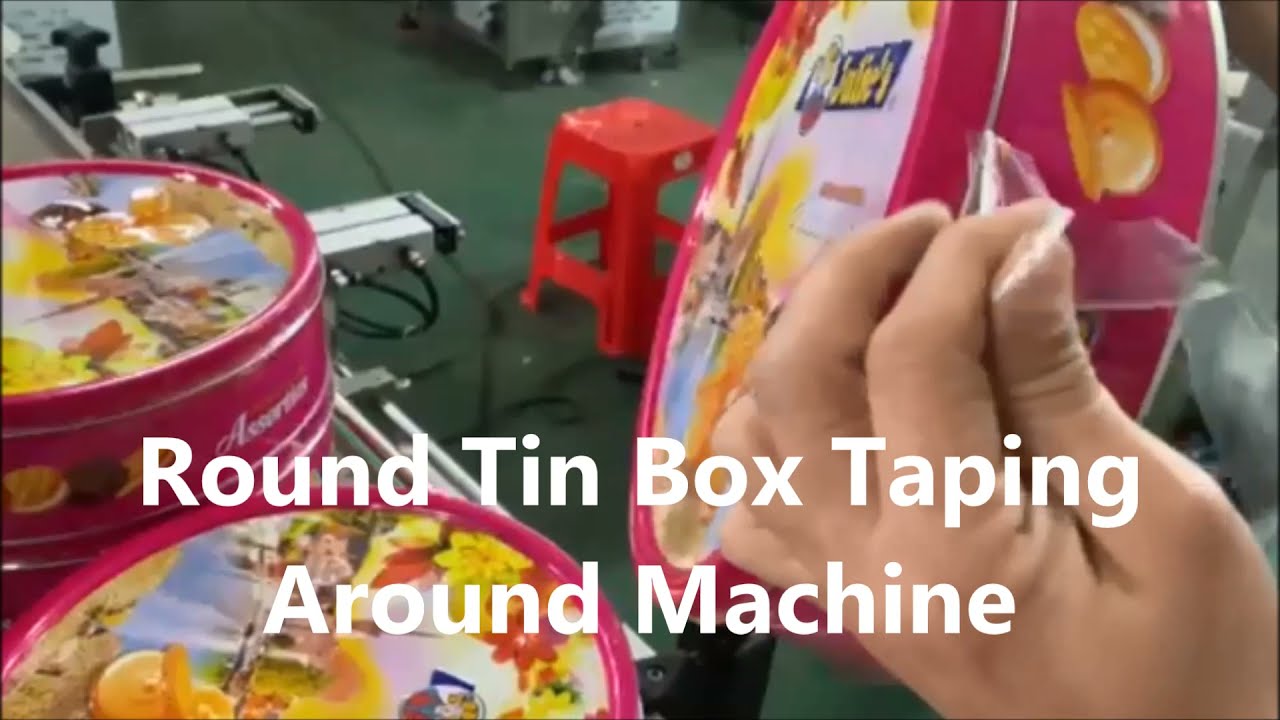 Automatic biscuits tin box tape sealing machine for round box (Manufacture)