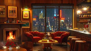 Smooth Jazz Instrumental Music & Crackling Fireplace on a Rainy Night with Cozy Coffee Shop Ambience