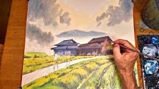 フィンランドの水彩画 Watercolor lesson - painting a misty scene in rural Japan