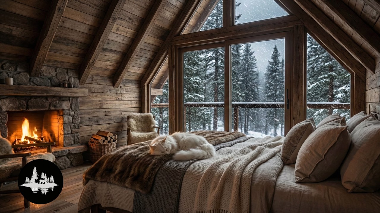 1 Hour Cozy Cabin in a Snowstorm | Crackling Fireplace & Sleeping Cat ASMR for Deep Sleep