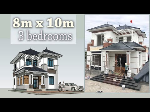 Mẫu nhà 2 tầng mái Nhật thiết kế đẹp, 8m x 10m ● 3D House Design
