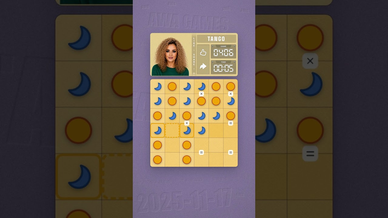 LinkedIn Tango #406 solved board for November 17, 2025, 6x6 grid