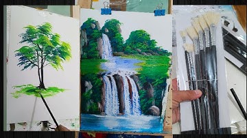 Draw lake waterfull  anh mountains | Cách vẽ thác nước bằng màu acrylic lên giấy