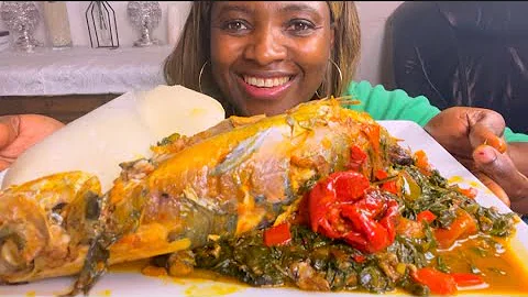 Asmr mukbang mackerel + vegetable soup with Fufu /African food mukbang food /eating show no talking