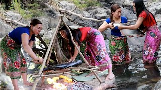 Grilled big catfish of survival food- Big catfish with mango sauce for lunch +6food in forest