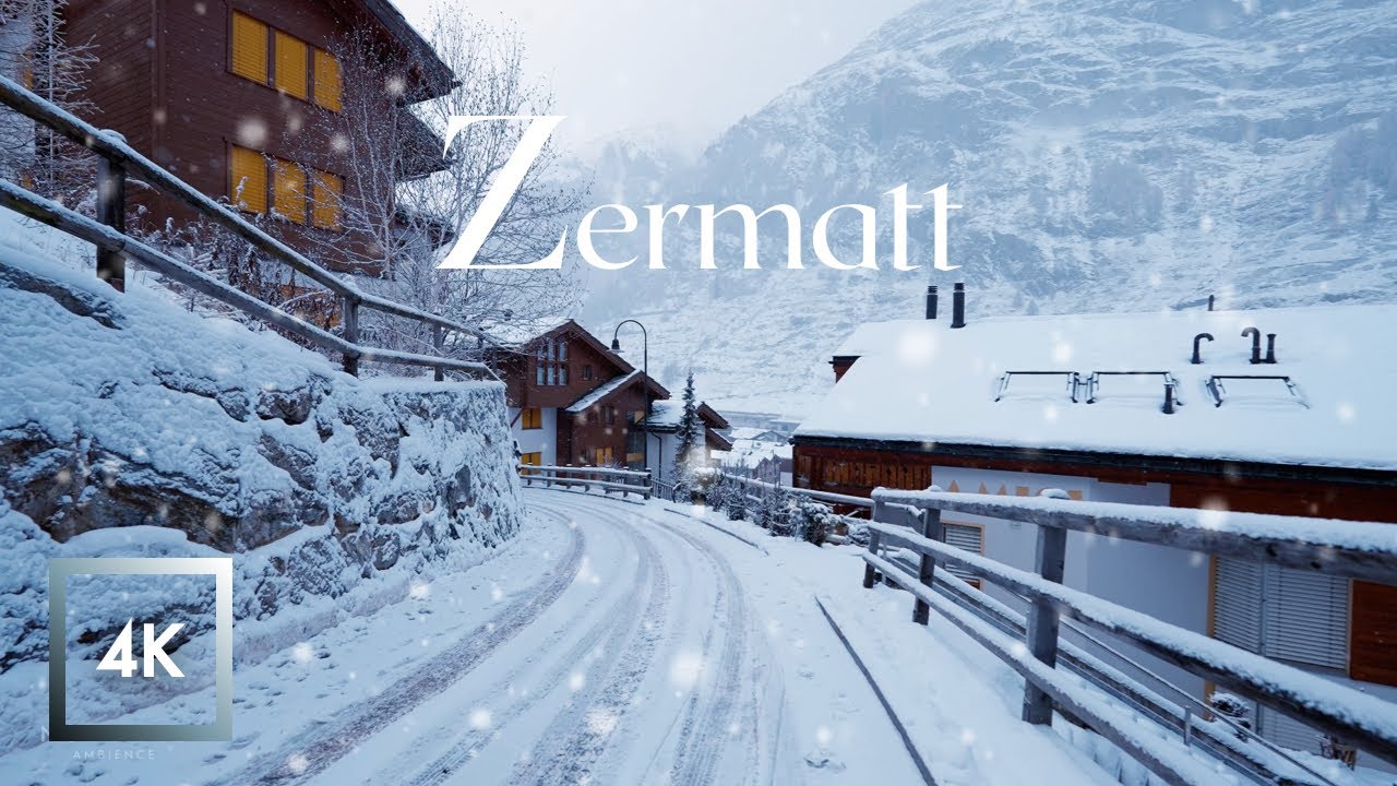 Snowfall in Zermatt Switzerland and Mattervispa, Winter Snow Walk and City Sounds