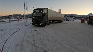 POV Truck Driving Scania R540 XTFirst snow in LofotenNorthern NorwaySmall road 815