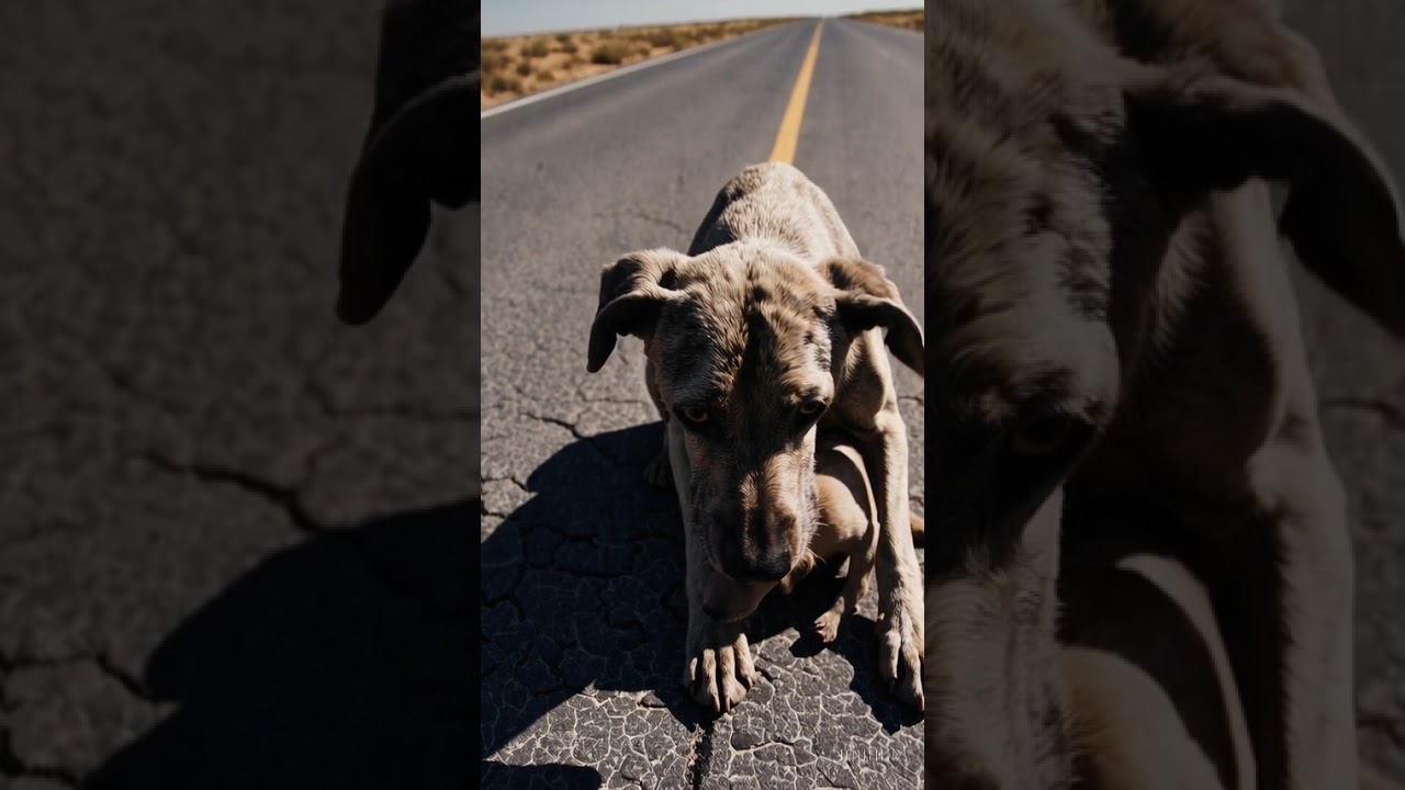 Lost Dog and Puppy Struggle on Hot Summer Road, Sweating and Asking for Help in Lonely Heat