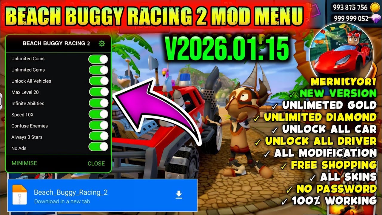 BEACH BUGGY RACING 2 MOD MENU  V.2026.01.15 UPDATE ALL CAR UNLOCK UNLIMITED MONEY & EVERYTHING HACK 