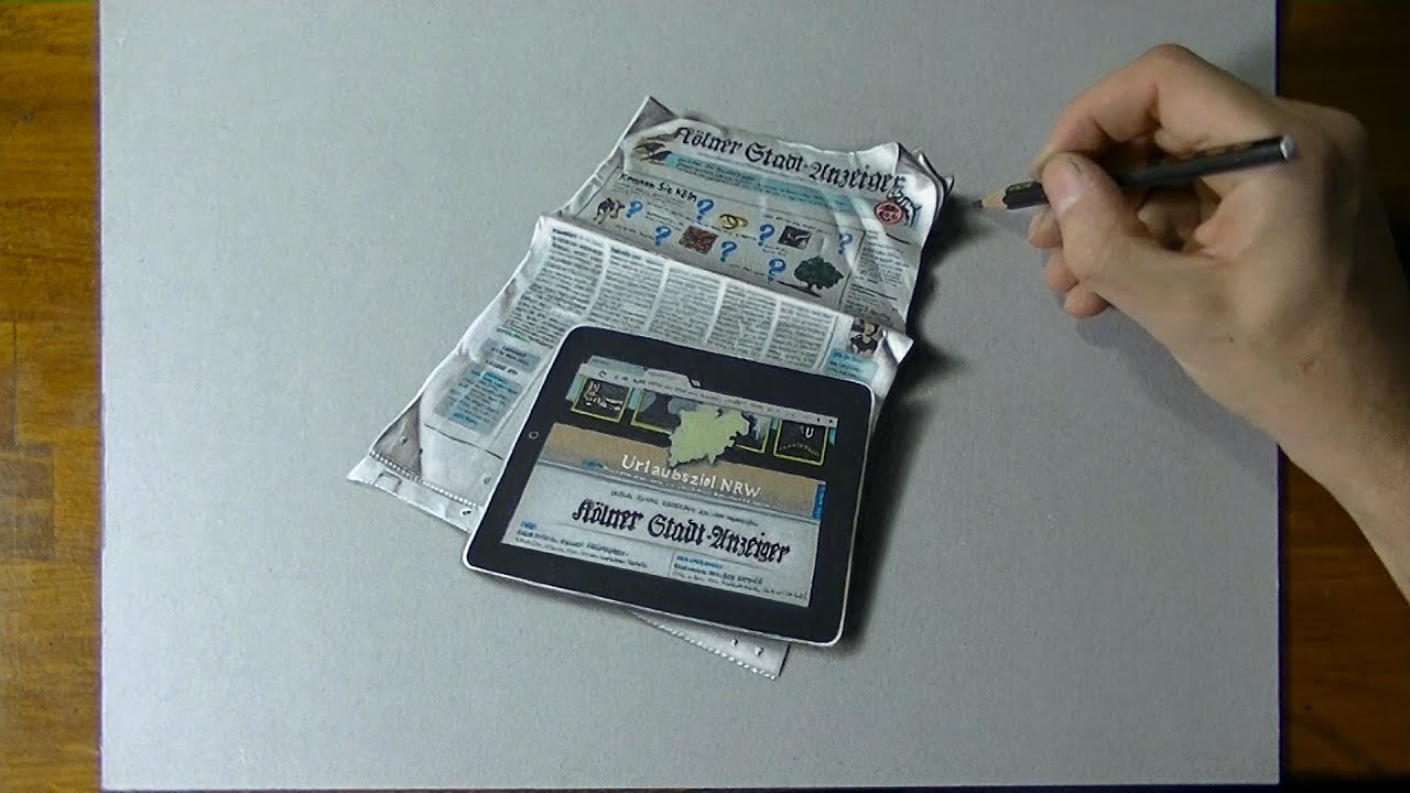 ⁣Drawing Time Lapse: a tablet placed on a German newspaper - hyperrealistic art