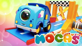 Toy Cars cartoons for kids - A race track for Mocas: Bus, excavator, crane, truck &amp; bulldozer