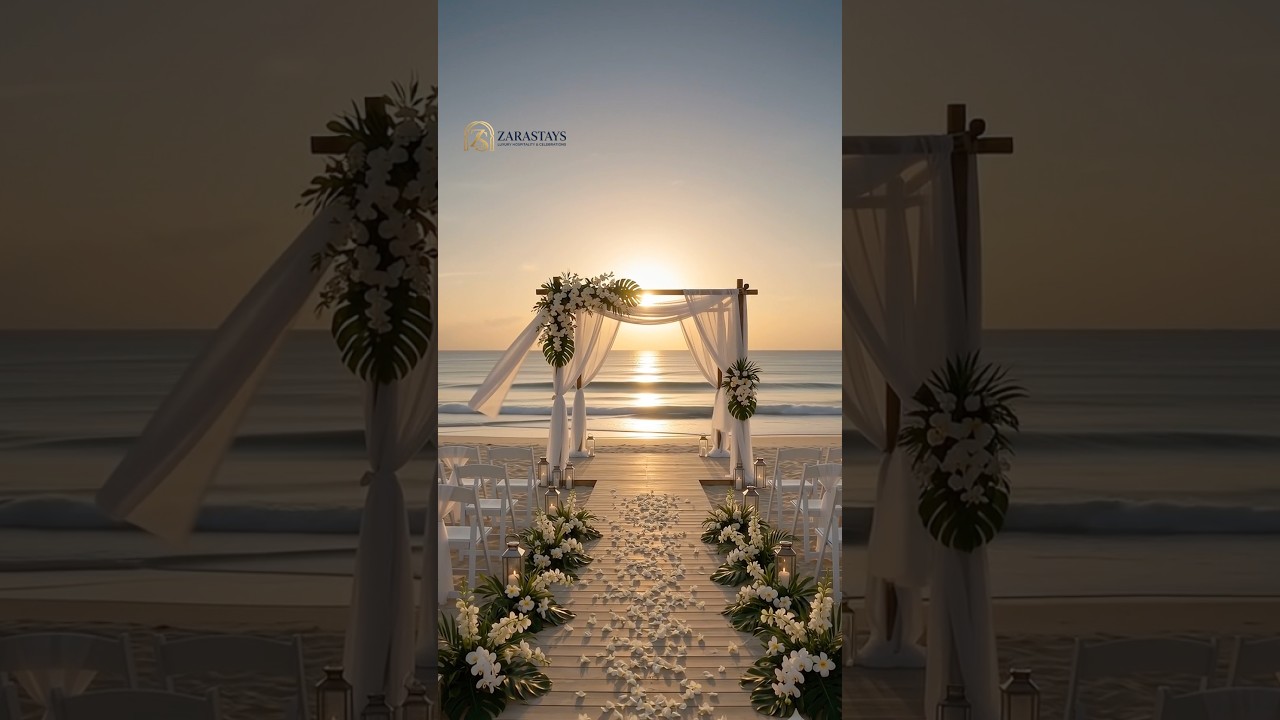 Video preview: Floral wedding aisle and canopy beside the sea at sunset