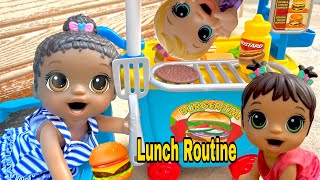 Baby Alive Triplets Lunch routine Barbecue 🍔 | Feeding & changing baby dolls