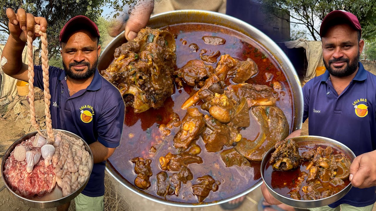 गाँव के घरो में बकरे के सारे पार्ट्स को शामिल कर कुछ इस तरह मीट बनाया जाता है। Lala Da Dhaba Ajmer 