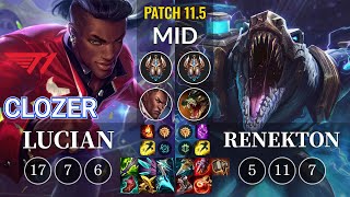 T1 Clozer Lucian vs Renekton Mid - KR Patch 11.5