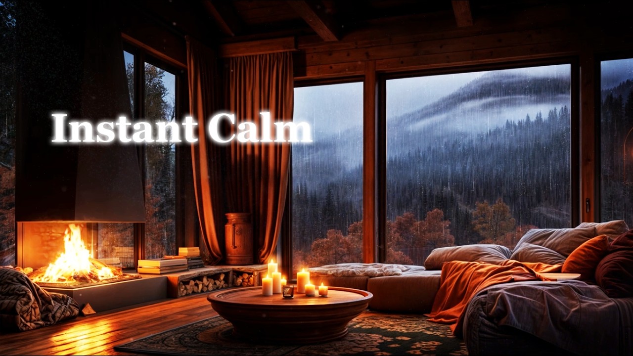 Cozy Cabin Ambience with Fireplace & Rain: 2 Hours of Relaxing Jazz 🌧️ Instant Calm
