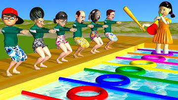 Scary Teacher 3D vs Squid Game Swimming Race Outdoor 100M Challenge Who Faster Water Spray and Cage
