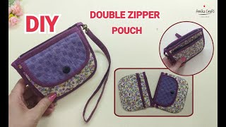 DIY Double Zipper Pouch With Wrist Strap/sewing tutorial/Mini pouch/ Double Zip/Zipper Pouch