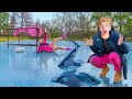 My sister got STUCK on SNOWY ICE!! (Backyard pond froze)