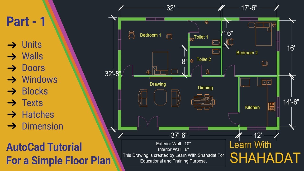 AutoCad Tutorial How to draw a simple Floor Plan Part