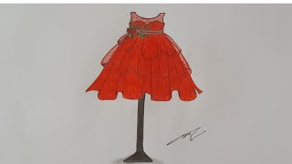 رسم وتصميم فستان سهرة أحمر قصير   How to draw a red dress