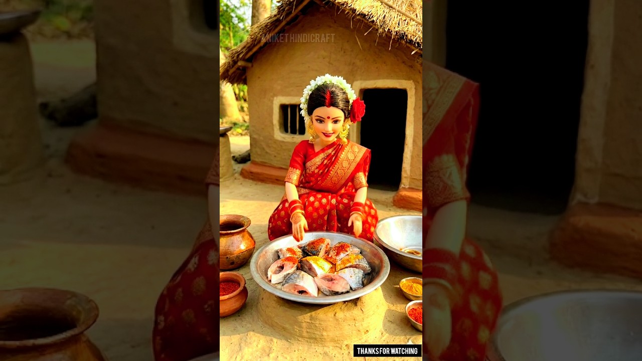 Miniature Doll Making Spicy Fish Curry in Village | Tiny Indian Doll Cooking Rohu Fish 🐟π🔥