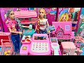 Unboxing Barbie Doll Supermarket Shopping List, Refrigerator &amp; Cashier Toy Review 