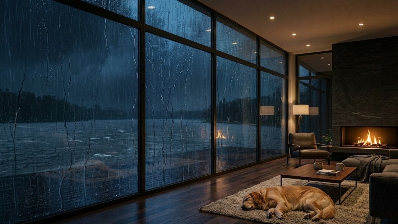 Heavy Rain Outside a Modern Lakeside House | Cozy Fireplace & Sleeping Dog (3 Hours)