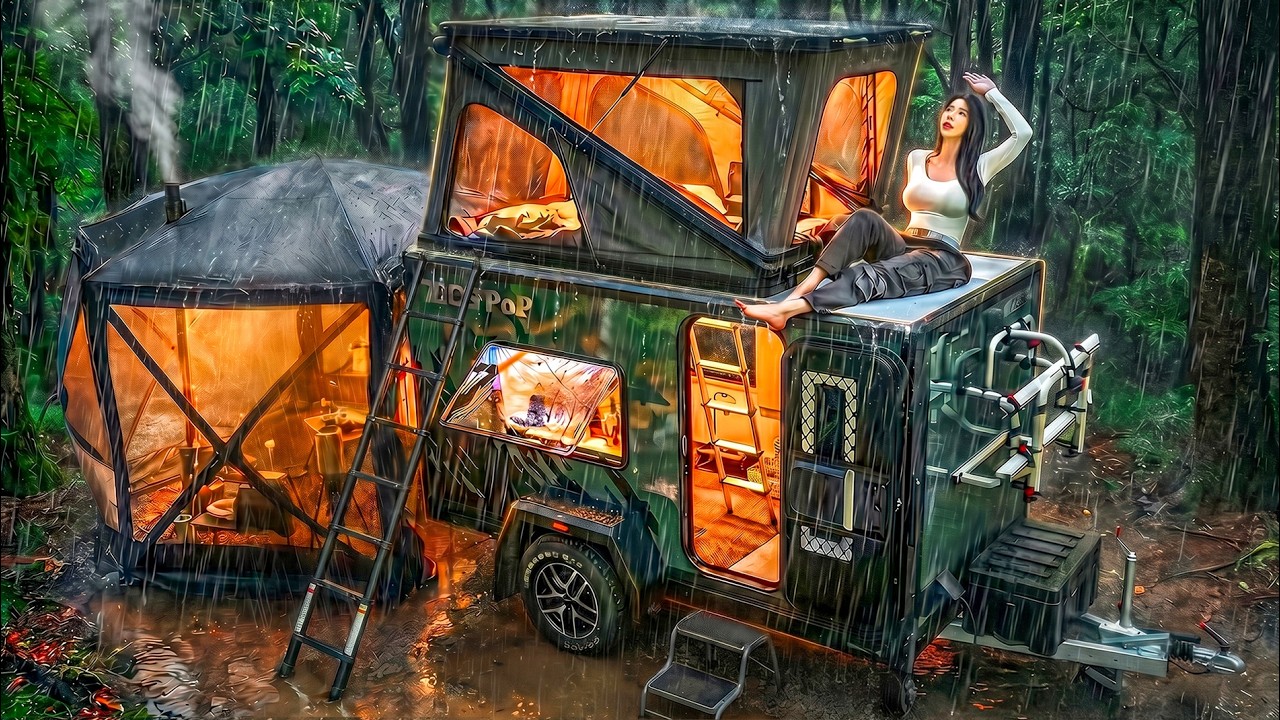 ☔️PEACEFUL RAINY CAMPING IN A NEW POP-UP CARAVAN