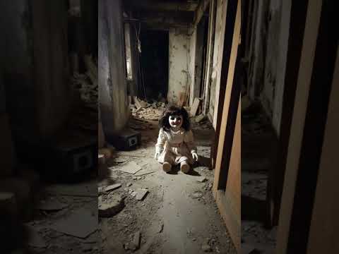 دمية مرعبة منزل مسكون أضواء خافتة صوت خطوات بطيئة عيون الدمية تلمع تحرك الدمية في الظلام