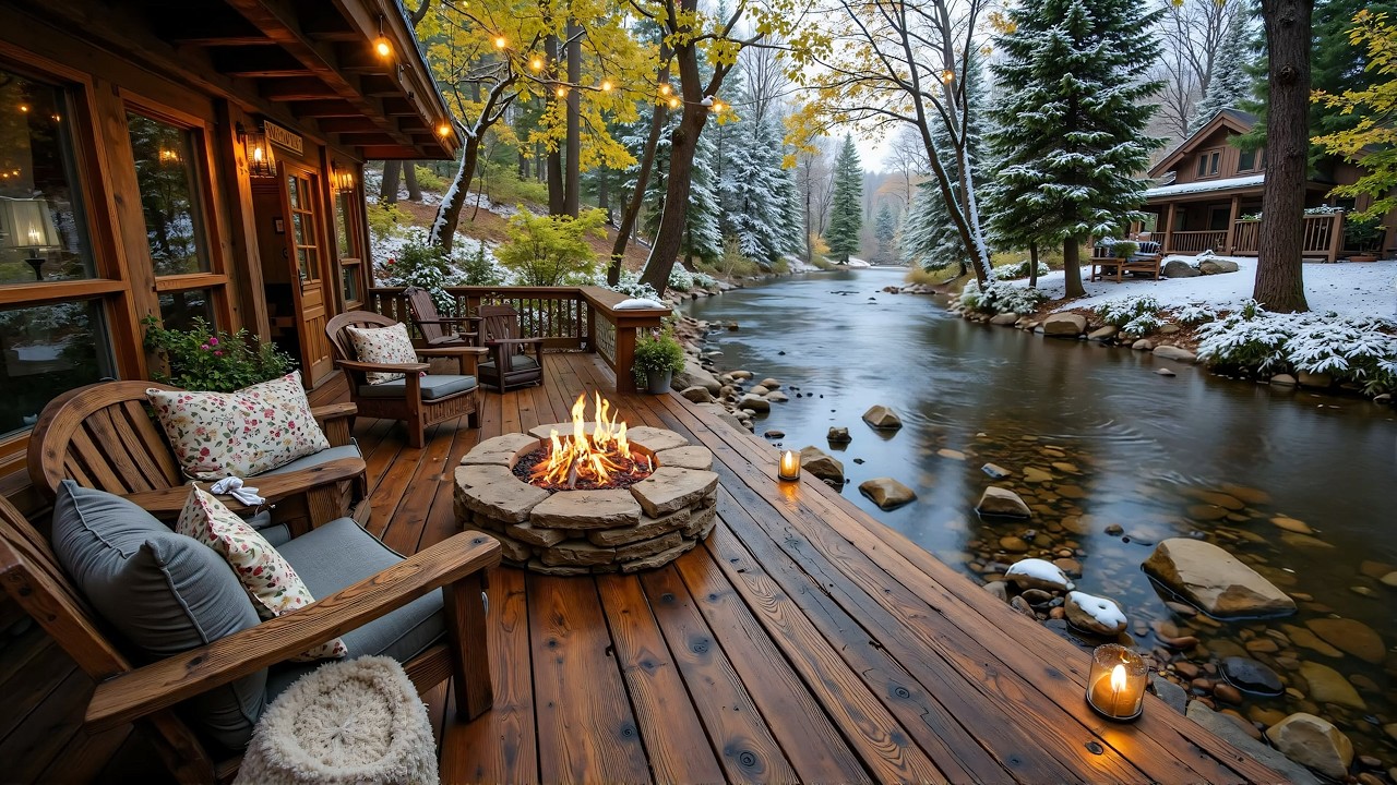 Early Spring with Nature Sounds Lakeside Cabin 🌿🌺| Relaxing Piano Music with Crackling Firepit