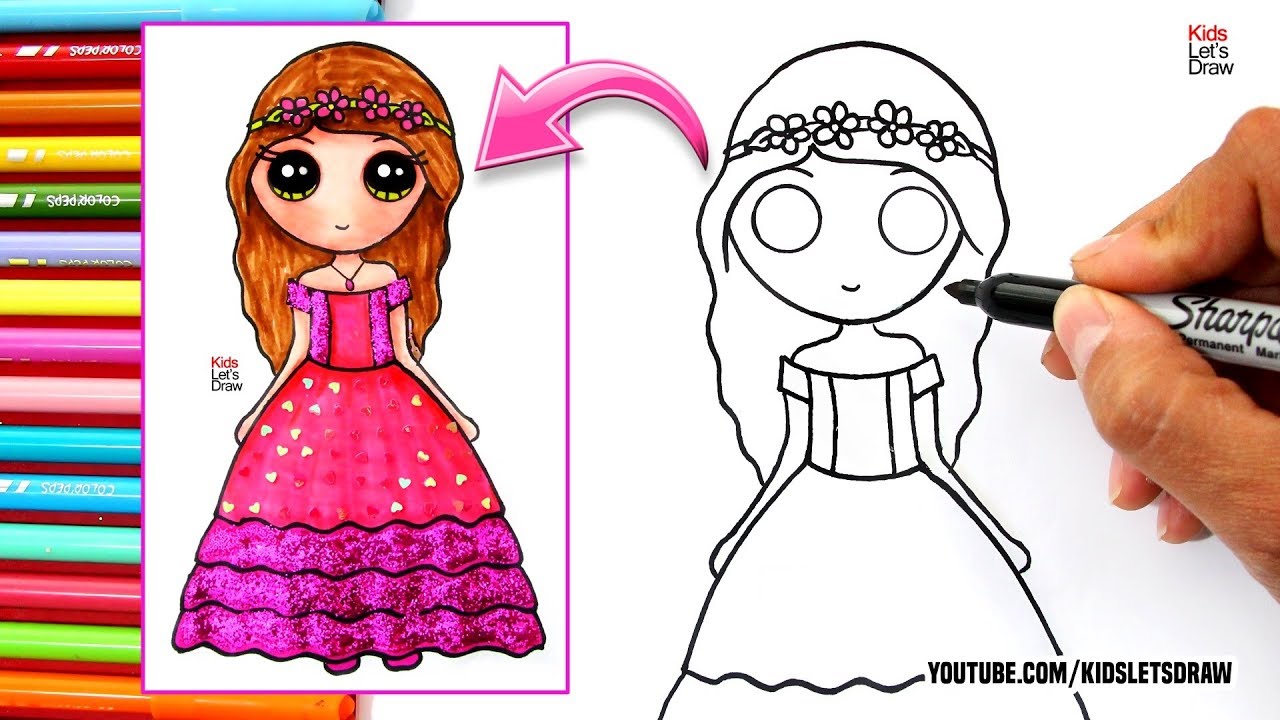 Cómo dibujar una Muñeca Kawaii con vestido de fiesta usando brillantina  (glitter) - thptnganamst.edu.vn