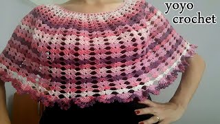 كروشية شال دائرى سهل للمبتدئين بغرزة الصدفة + اطراف حواف بغرزة الطاووس crochet shawl  #يويو كروشية