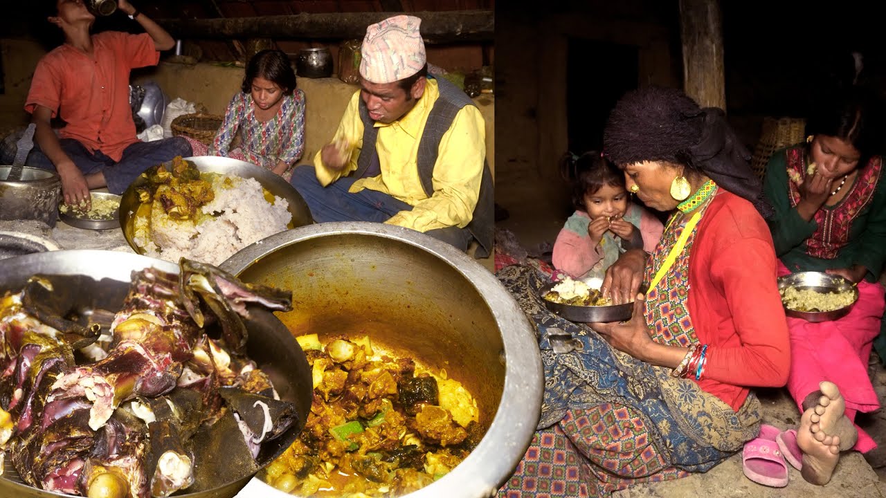 local mutton curry and rice in the village || dharme brother's family cooking & eating time ||