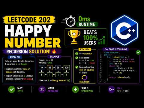 LeetCode 202 | Happy Number Explained 🔥 | Easy Recursion C++ Solution | Beats 100% Users