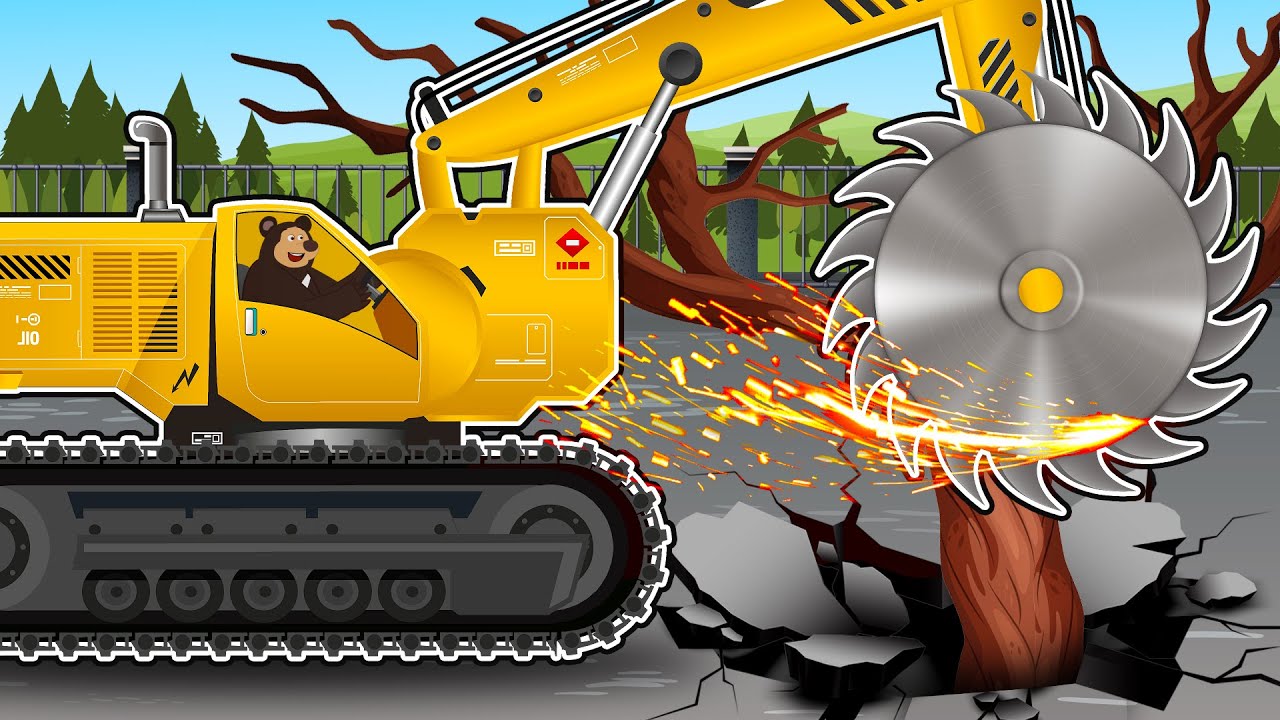 Excavator Saw blade clearing fallen trees on the street | Construction Vehicles