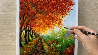 Daily Art #040 / Autumn Railroad Landscape Acrylic Painting