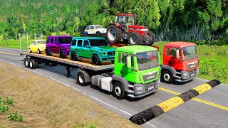 Double Flatbed Trailer Truck vs speed bumps|Busses vs speed bumps|Beamng Drive|8