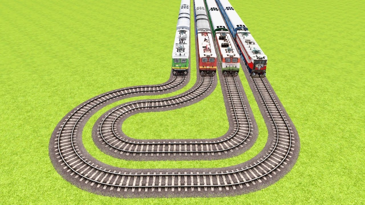 FOUR TRAINS VS ROUGH AND TOUGH TURNS ON THE SQUARE SHAPE RAILROAD ️ ...