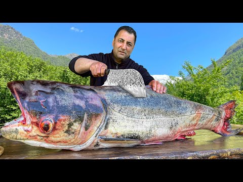 Huge One-And-a-Half-Meter Silver Carp Fried On A Fire To A Crisp