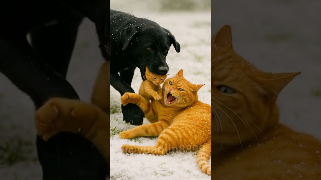 The mother cat was hit by a car, and the big dog was about to harm the kittens.