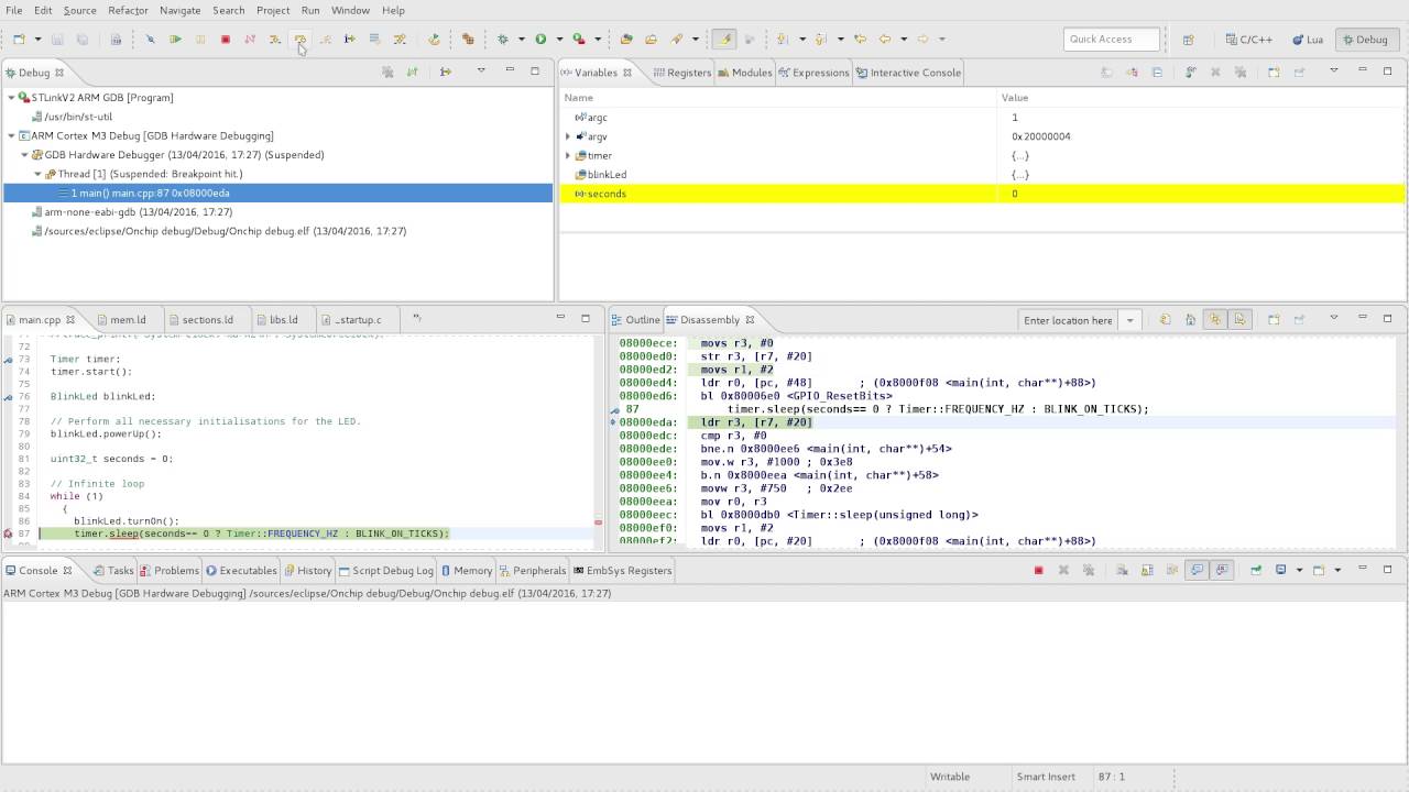 ARM Cortex M3 stm32F10x Onchip debug in Eclipse with STLinkV2 - YouTube